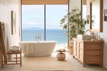 Seaside Serenity: Coastal Bathroom Bliss with Natural Fiber Rugs, Bathtub View, and Wooden Vanities