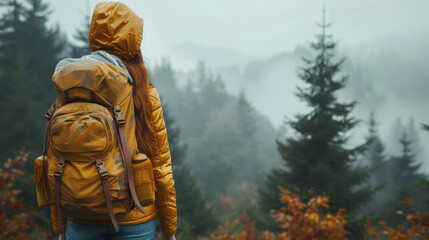 Fototapeta na wymiar Full body side view of young female traveler with backpack standing in forest with tall coniferous trees on misty day.