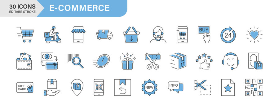 E-Commerce thin line vector icon set. Pixel perfect. For Mobile and Web. Includes E-commerce, Online Shopping, Shopping, Delivering, Free Shipping, Store, Internet, Wish List, Shopping Cart