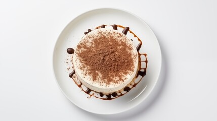 Fototapeta na wymiar White round plate showcasing tiramisu dessert featuring mascarpone, coffee, and chocolate flavors, against a white backdrop, viewed from above