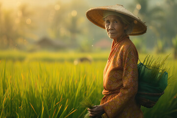 an Indonesian female old farmer working in her rice field