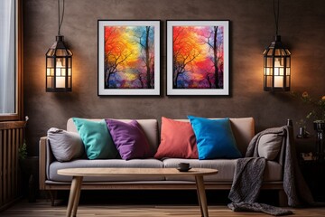 Colorful Lantern Lighting, Cozy Couch, and Art Posters in a Modern Loft Setting