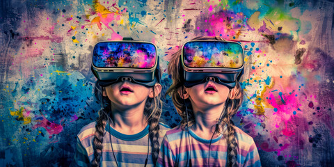 Two children with VR headsets against a vibrant, paint-splattered backdrop, looking up in awe. - obrazy, fototapety, plakaty