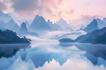 Serene Tranquility, Chinese, mountain range, dawn, pastel colors