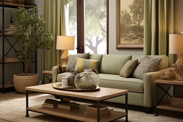 Mediterranean-inspired Comfortable Lounge: Olive Drapes & Wooden Coffee Table Setting