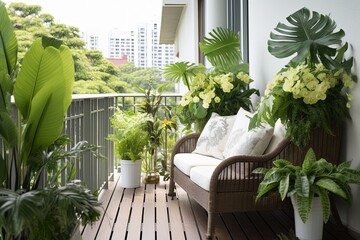 Fototapeta na wymiar Urban Oasis: Serene Contemporary Apartment Balcony with Lush Fern and Orchid Displays