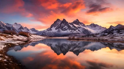Fototapete Rund Panoramic view of snow capped mountains reflected in lake at sunset © Iman