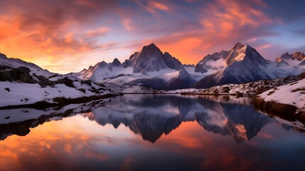Beautiful panorama of the mountain lake in the mountains at sunset