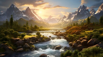 Beautiful panoramic landscape of the mountains and the river at sunset