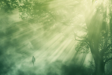 Fototapeta premium Solitary Wanderer in a Sunbeam-Filled Forest: A Moment of Solace Amidst Nature's Misty Splendor