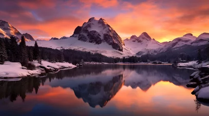 Abwaschbare Fototapete Morgen mit Nebel Panoramic view of snowy mountains reflected in a lake at sunset