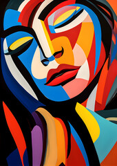 Woman face in colorful cubist style - obrazy, fototapety, plakaty