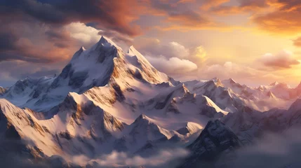 Gardinen Panoramic view of snowy mountains at sunset. 3D Rendering © Iman