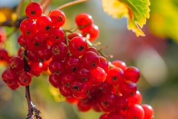 Close-up of ripe red currants on a branch with sunlight filtering through.