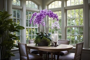 Contemporary Dining Room Elegance: Lush Orchid Displays and Fern Accents