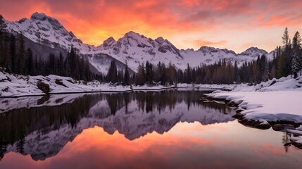 Fototapeta na wymiar Panoramic view of a mountain lake at sunset with reflection in the water