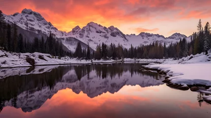 Fotobehang Panoramic view of a mountain lake at sunset with reflection in the water © Iman