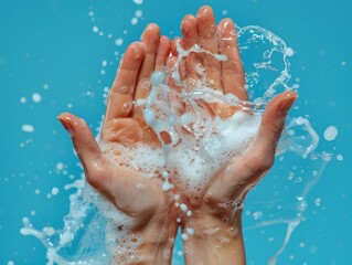 Fototapeta premium Hands washing with soap blue background