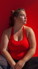 Overweight Woman Sitting Red Background
