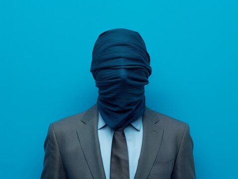 Businessman with covered face on blue background