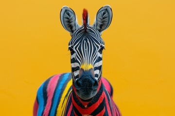 Colorful Painted Zebra on Yellow Background