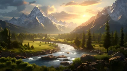 Foto op Canvas Panoramic view of the river and mountains at sunset. Mountain landscape © Iman