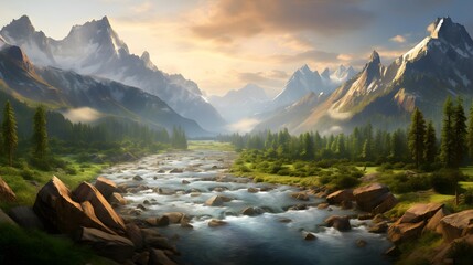 Beautiful panoramic landscape of a mountain river at sunset. - obrazy, fototapety, plakaty