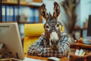 A donkey in a businessman costume in an office at the workplace. a boss in a company. A caricature. a joke. funny. travesty Wearing glasses - obrazy, fototapety, plakaty