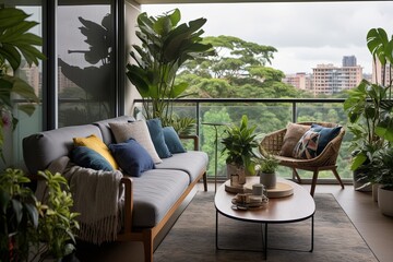 Fototapeta premium Contemporary Living Room Oasis with Urban Garden Balcony: Couch Amid Lush Foliage