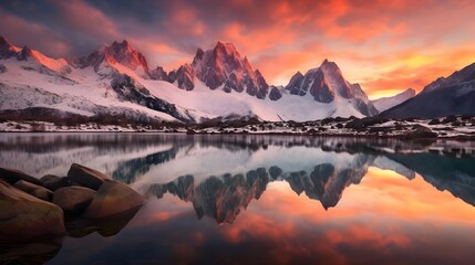 Panoramic view of snow-capped mountains reflected in lake
