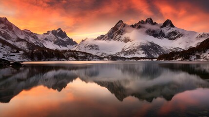 Mountain lake in the Alps at sunset. Panoramic view