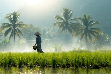 Runde Wanddeko Heringsdorf, Deutschland an Indonesian female old farmer working in her rice field