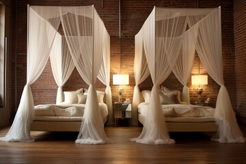 Contemporary Fairy-tale Loft Bedroom: Canopy Beds and Sheer Drapes Against Exposed Brick Walls