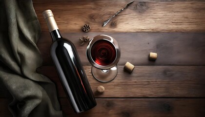a bottle of wine and a wine glass on a wooden background view from above
