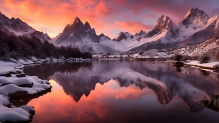 Beautiful panoramic view of snowy mountains reflected in the lake