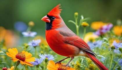 male northern cardinal in a flower field generated illustration