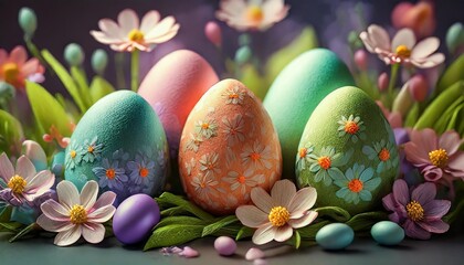 colourful easter eggs and spring flowers easter background or greeting card paper art generative illustration