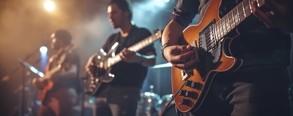 Close up musician playing electric guitar on a concert stage - obrazy, fototapety, plakaty
