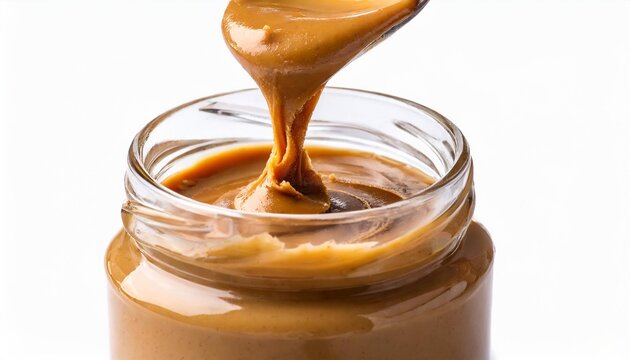 creamy peanut butter spreading into a jar isolated on white background