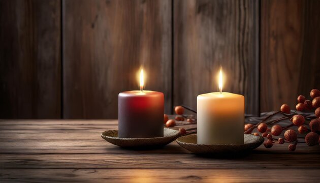 two candles and dramatic lighting on brown wooden background