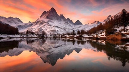 Beautiful panoramic landscape image of snow capped mountain range reflecting in water at sunrise