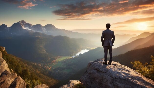 a male executive perched on a rocky cliff gazing out at the expansive view below signifying a leader s ability to see the bigger picture in the business world