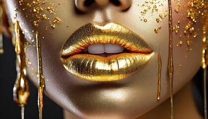 gold paint smudges drips from the face lips and nails lipgloss dripping from sexy lips golden liquid drops on beautiful model girl s mouth gold metallic skin make up beauty woman makeup close up