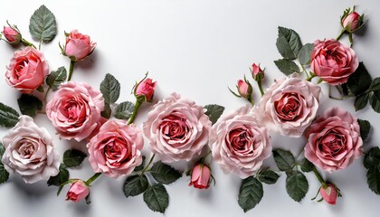 flowers composition frame made of pink rose flowers on white background flat lay top view copy space