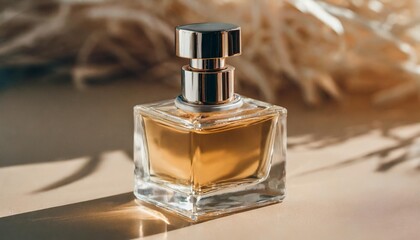 close up of a perfume bottle on a beige pastel background