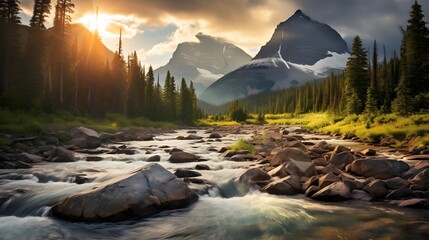 Panoramic view of a mountain river in Glacier National Park, Montana.