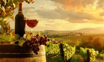 Foto op Canvas Glass of red wine and bottle, on a wine barrel. Vineyard background © piai