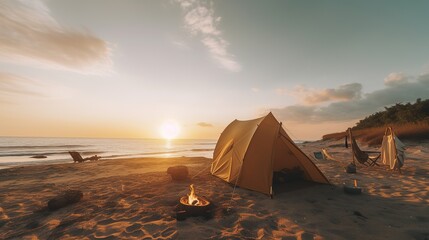Camping at the beach with sunset background