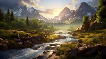 Beautiful panoramic landscape of mountain river and forest at sunset