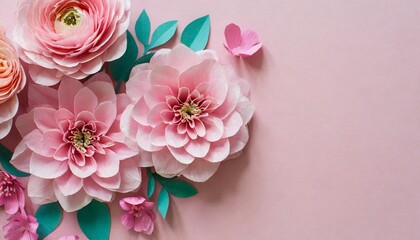 pink paper flowers on pastel pink background place for text